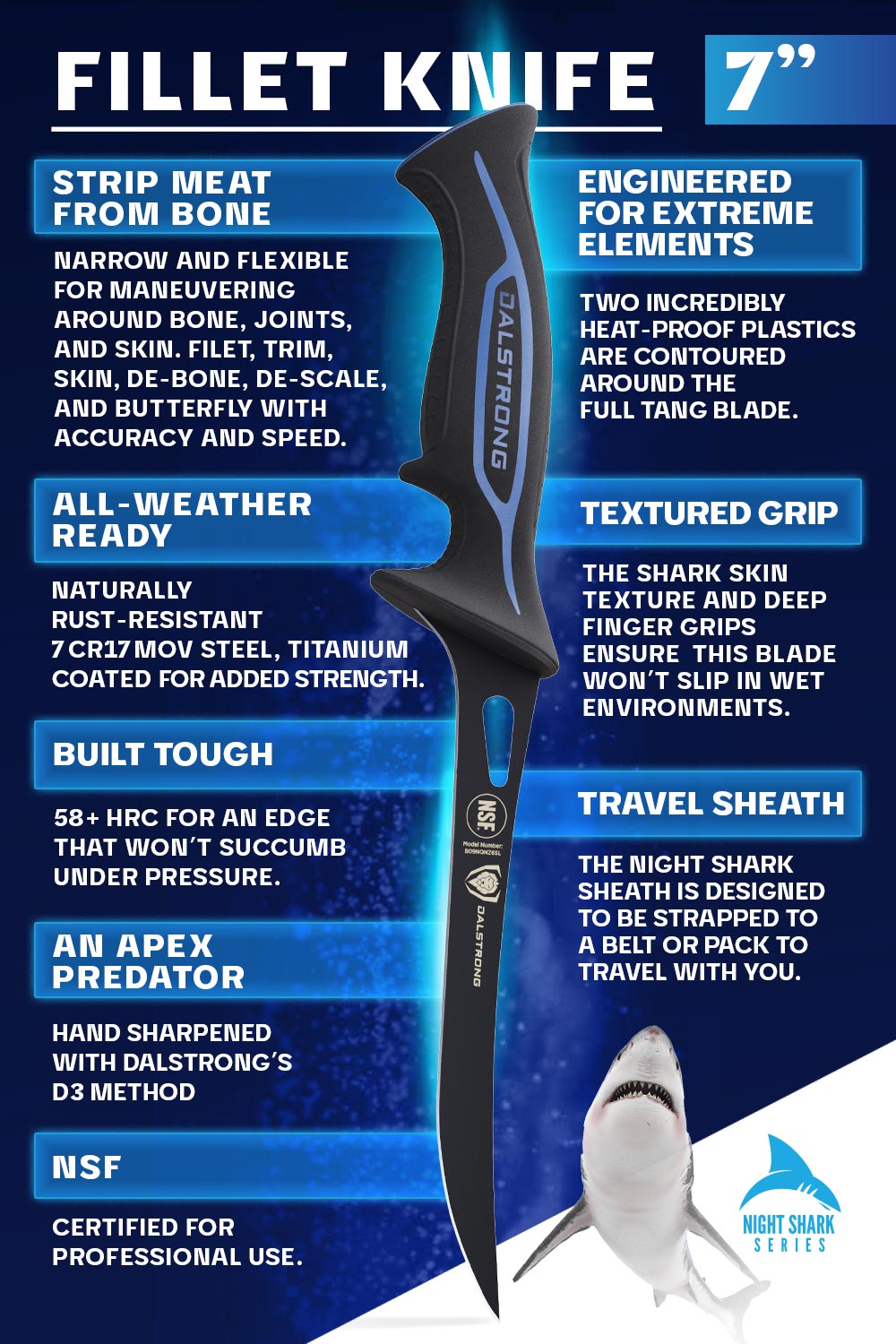 Fillet Knife 7" | Night Shark Series | Flexible Blade | NSF Certified | Dalstrong ©