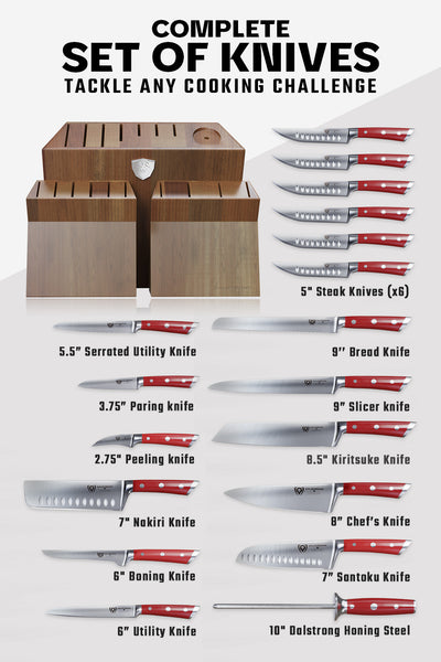 18-piece Colossal Knife Set with Block | Red Handles | Gladiator Series | Knives NSF Certified | Dalstrong ©