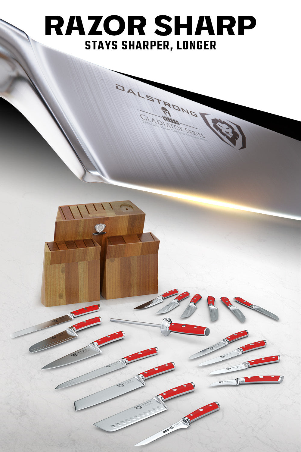 18-piece Colossal Knife Set with Block | Red Handles | Gladiator Series | Knives NSF Certified | Dalstrong ©