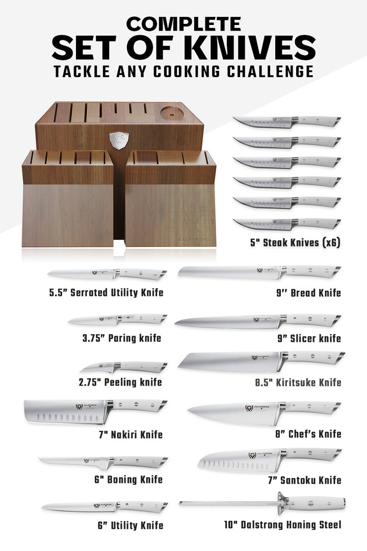 18-piece Colossal Knife Set with Block | White Handles | Gladiator Series | Knives NSF Certified | Dalstrong ©