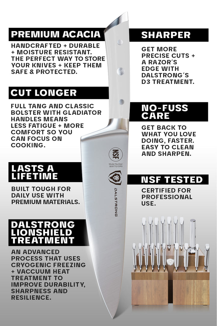 18-piece Colossal Knife Set with Block | White Handles | Gladiator Series | Knives NSF Certified | Dalstrong ©