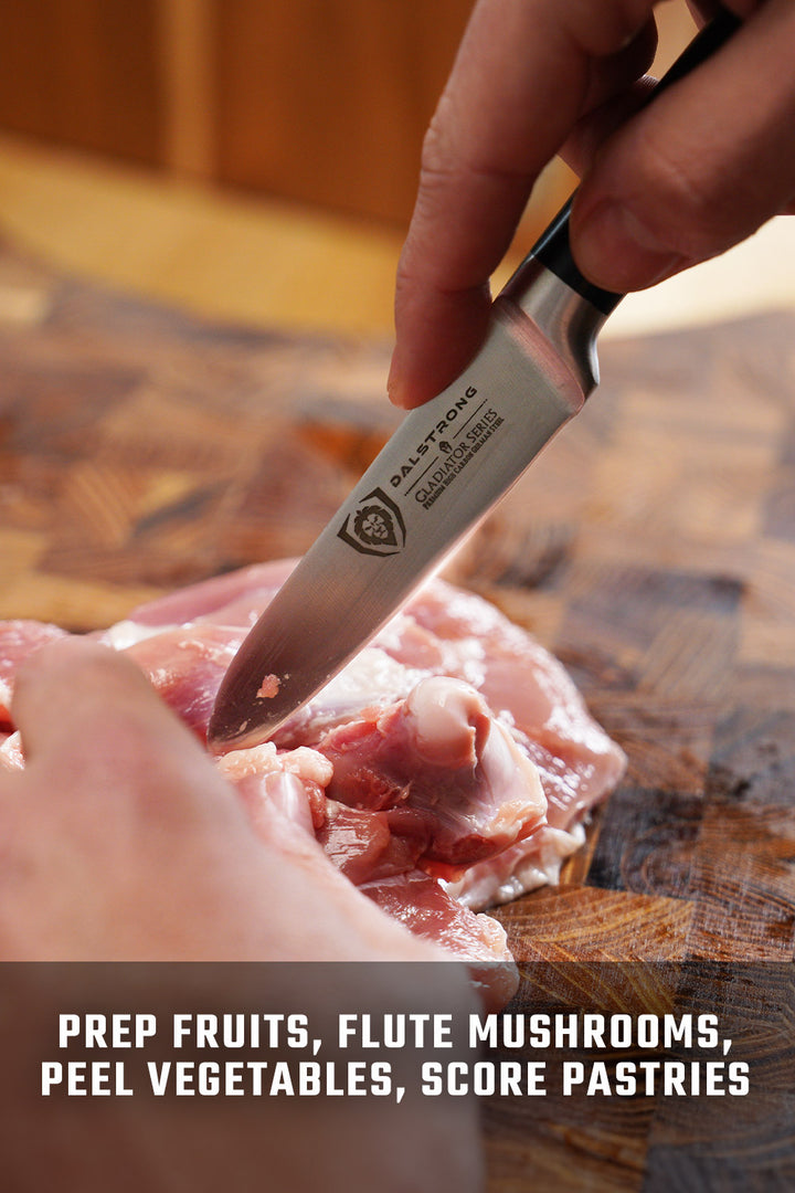 Gladiator Series Essentials |  8" Chef's Knife + 3.5" Paring Knife + 10" Serrated Bread Knife + Lionswood Teak Cutting Board