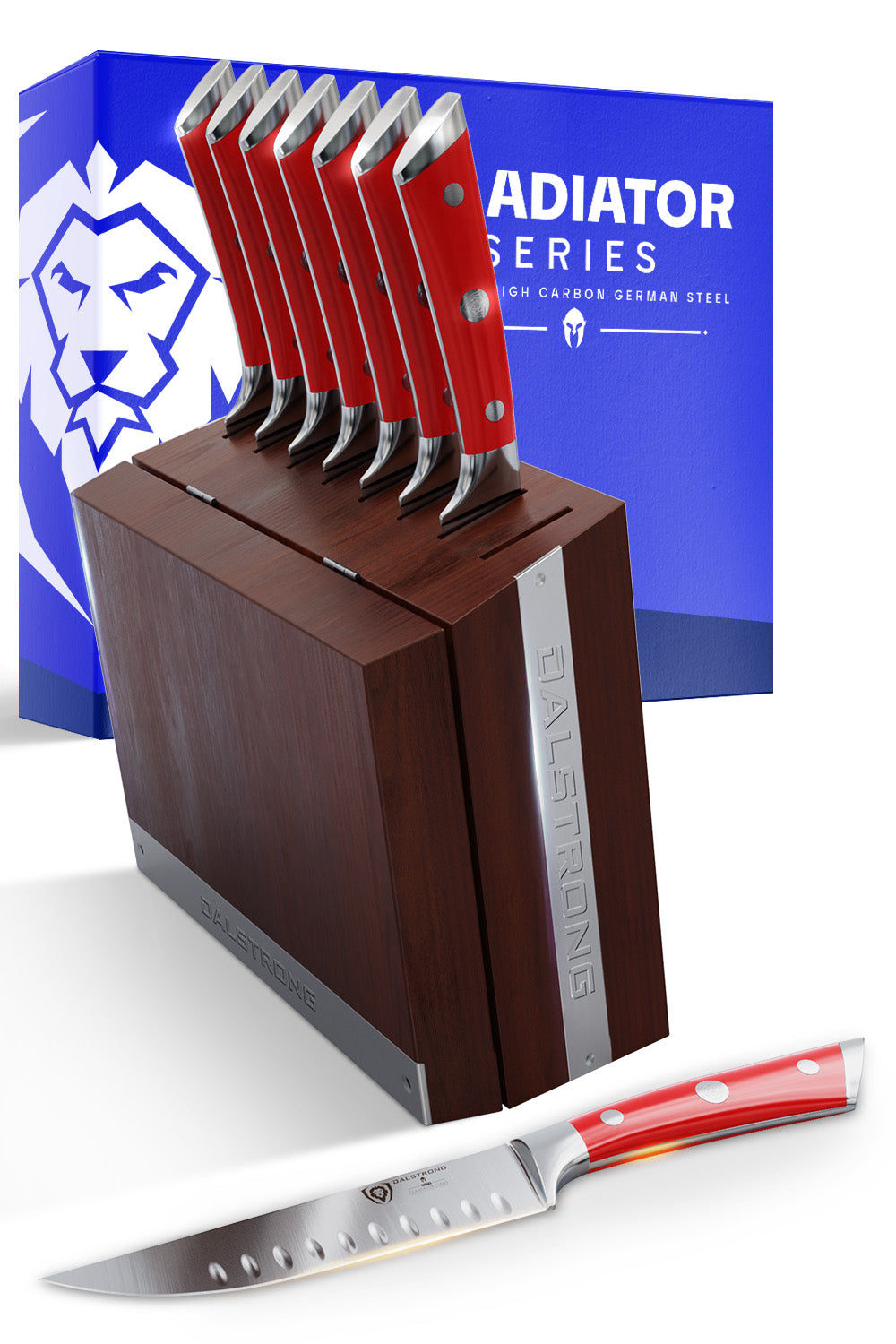 8-Piece Steak Knife Set | Red ABS Handles with Storage Block | Gladiator Series | Knives NSF Certified | Dalstrong ©