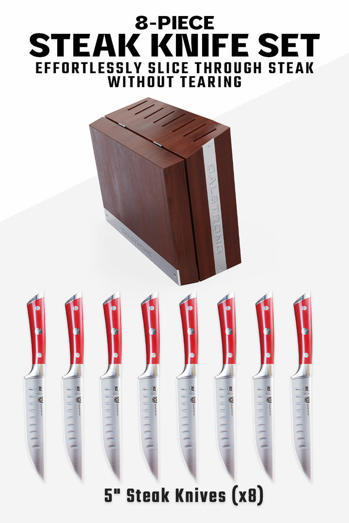 8-Piece Steak Knife Set | Red ABS Handles with Storage Block | Gladiator Series | Knives NSF Certified | Dalstrong ©