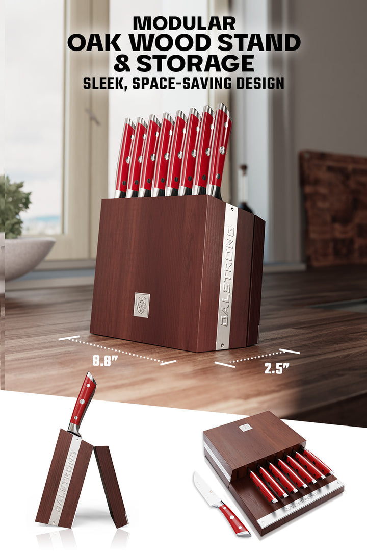8-Piece Steak Knife Set | Red ABS Handles with Storage Block | Gladiator Series | Knives NSF Certified | Dalstrong ©