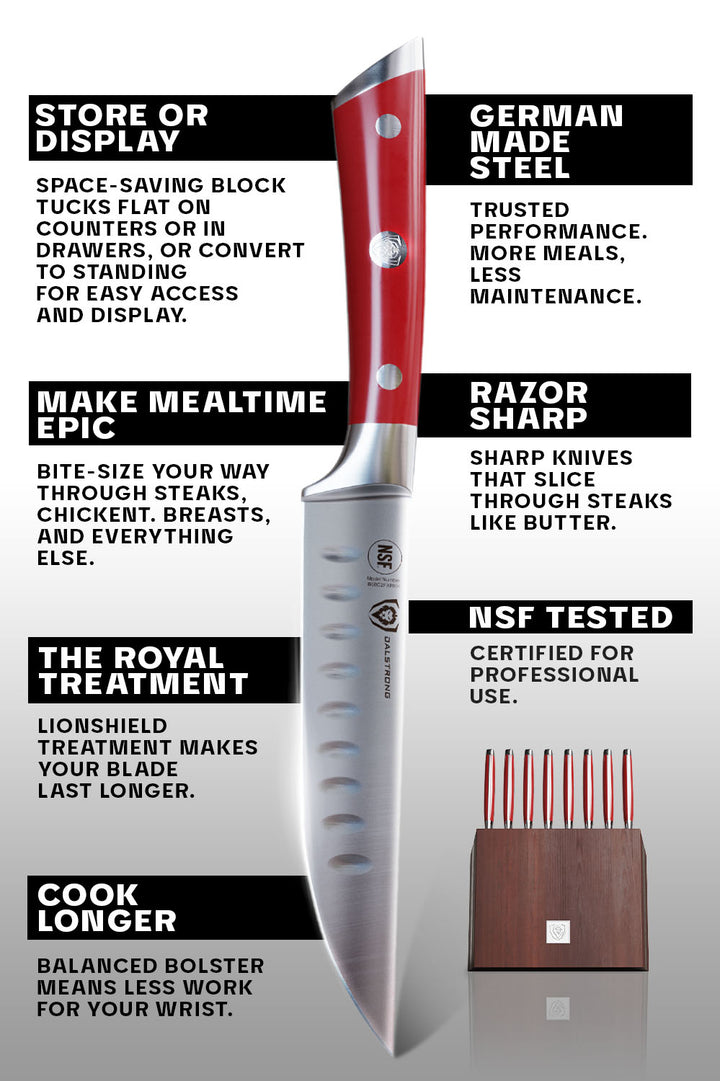 8-Piece Steak Knife Set | Red ABS Handles with Storage Block | Gladiator Series | Knives NSF Certified | Dalstrong ©