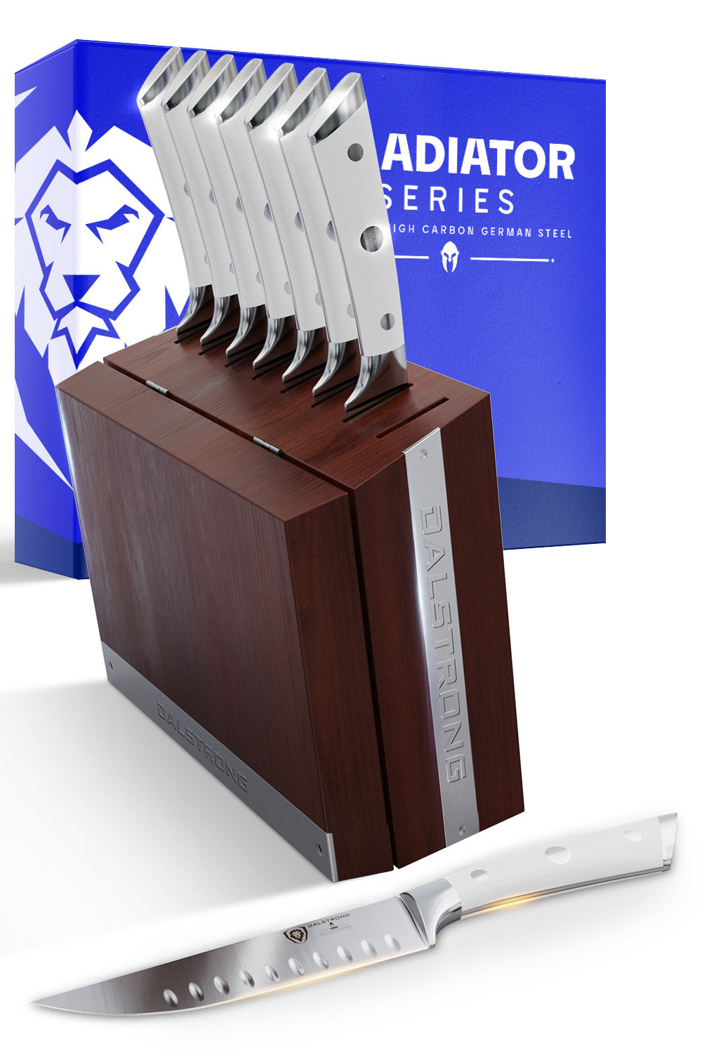8 Piece Steak Knife Set with Storage Block | White ABS Handle | Gladiator Series | Dalstrong ©