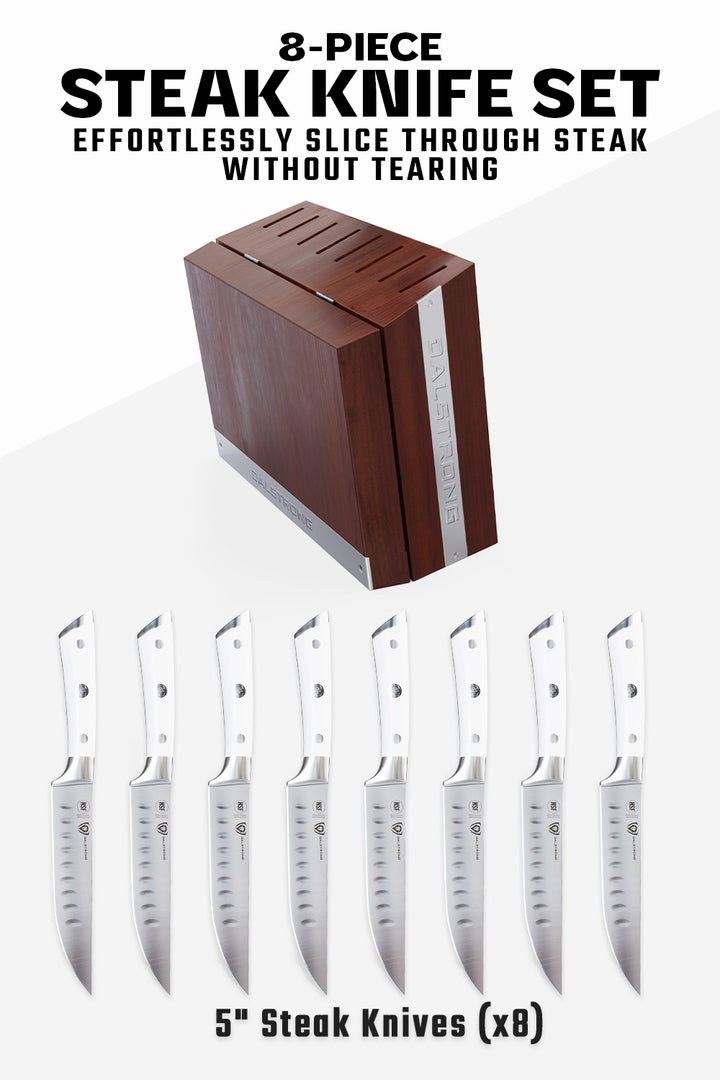 8 Piece Steak Knife Set with Storage Block | White ABS Handle | Gladiator Series | Dalstrong ©