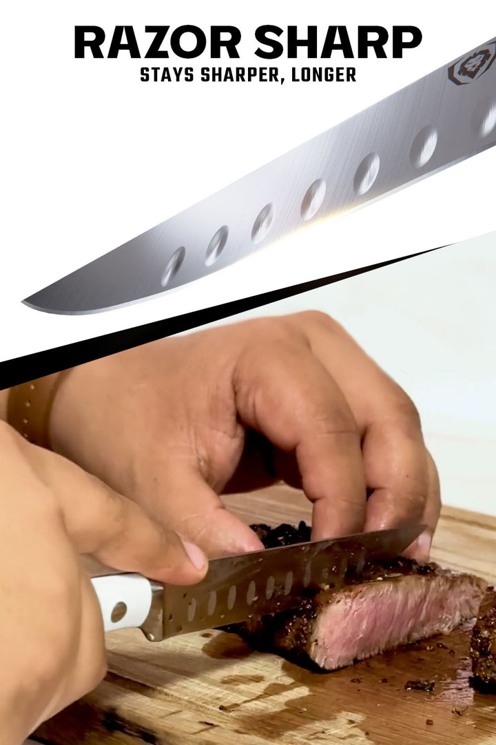 8 Piece Steak Knife Set with Storage Block | White ABS Handle | Gladiator Series | Dalstrong ©