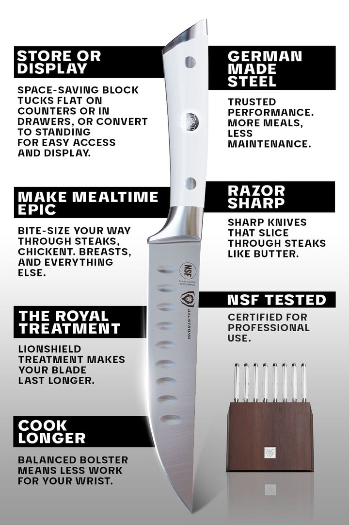 8 Piece Steak Knife Set with Storage Block | White ABS Handle | Gladiator Series | Dalstrong ©
