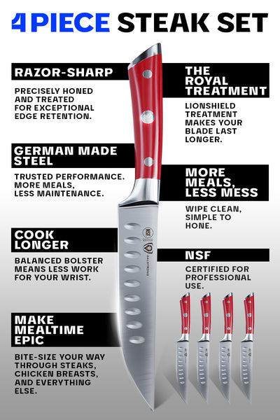 4-Piece Straight-Edge Steak Knife Set | Red ABS Handles | Gladiator Series | NSF Certified | Dalstrong ©