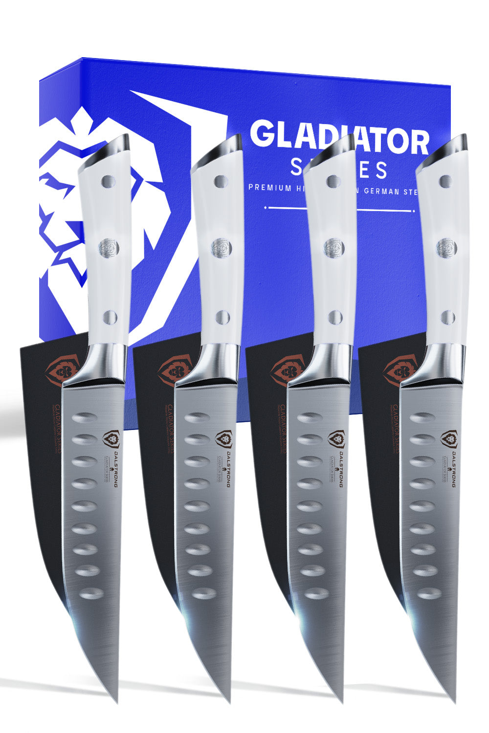 4 Piece Straight-Edge Steak Knife Set | White ABS Handles | Gladiator Series | Dalstrong ©