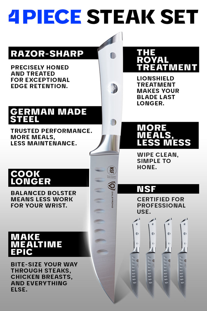 4 Piece Straight-Edge Steak Knife Set | White ABS Handles | Gladiator Series | Dalstrong ©
