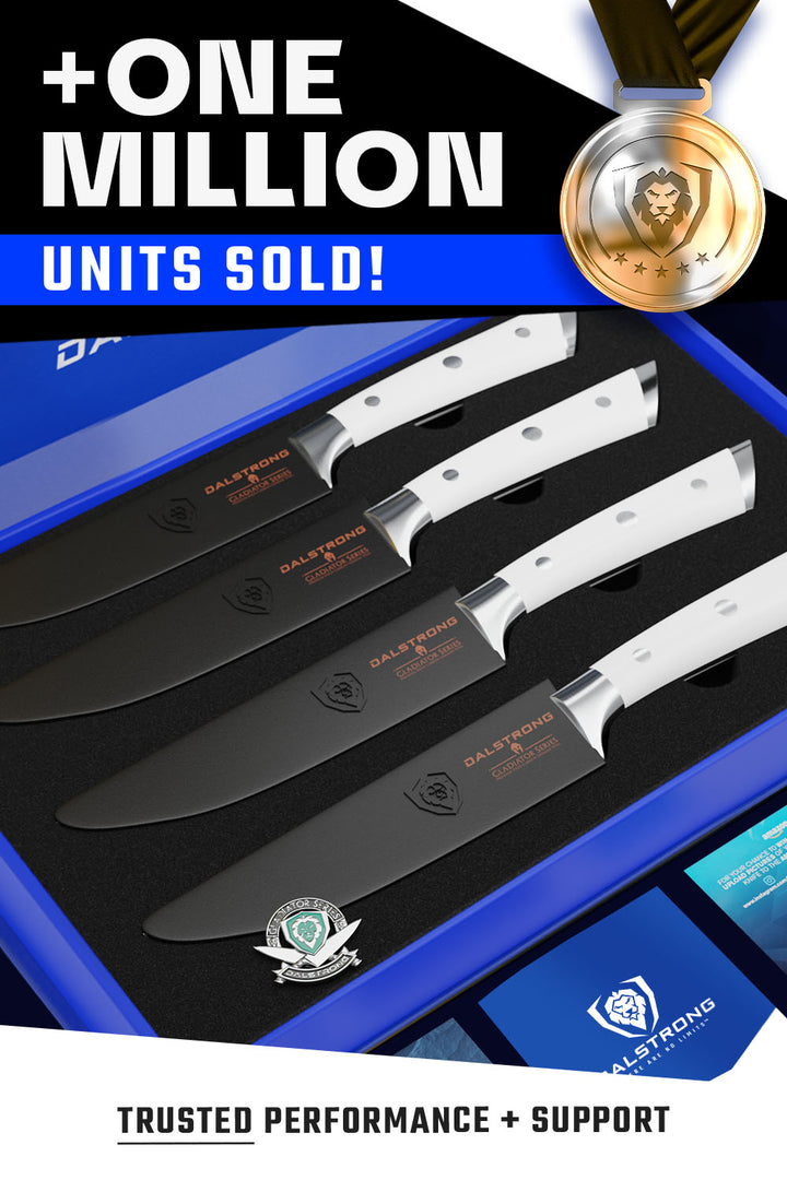 4 Piece Straight-Edge Steak Knife Set | White ABS Handles | Gladiator Series | Dalstrong ©