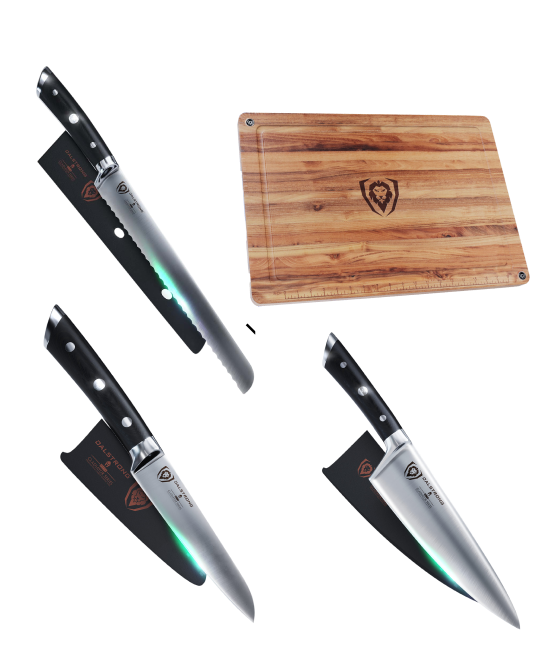 Gladiator Series Essentials |  8" Chef's Knife + 3.5" Paring Knife + 10" Serrated Bread Knife + Lionswood Teak Cutting Board