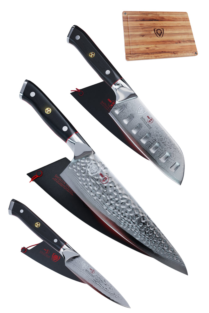 Premium Starter Kit | Shogun Series 8" Chef Knife + 7" Santoku Knife + 3.5" Paring Knife + Lionswood Teak Cutting Board