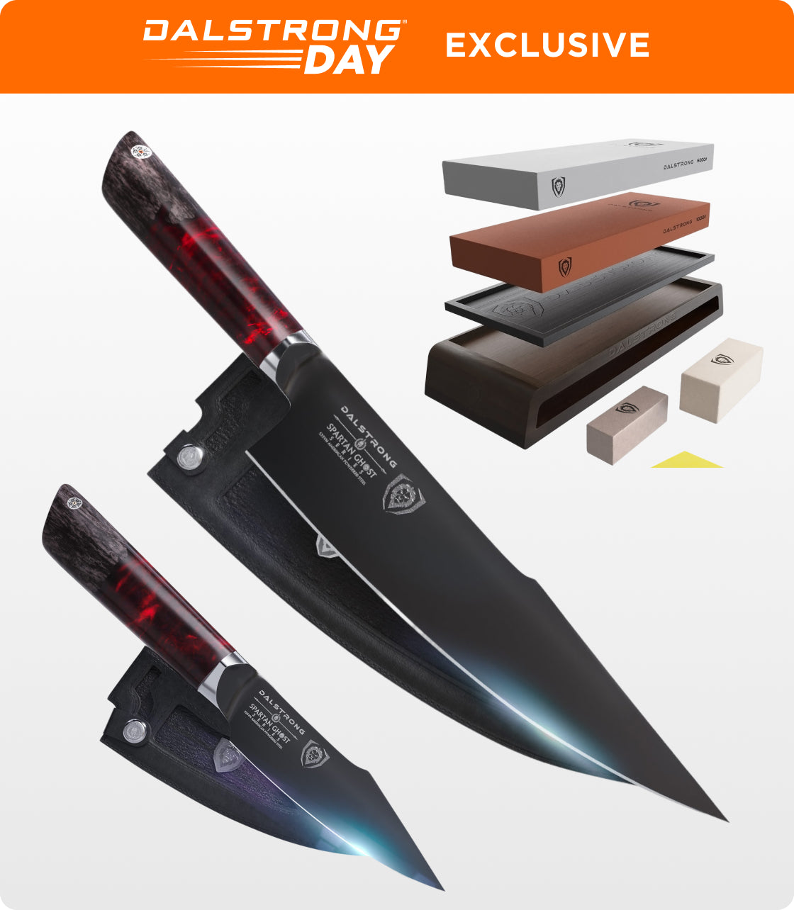 Professional Starter Kit | Spartan Ghost Series 9.5" Chef Knife + 4" Paring Knife + Premium Whetstone Kit