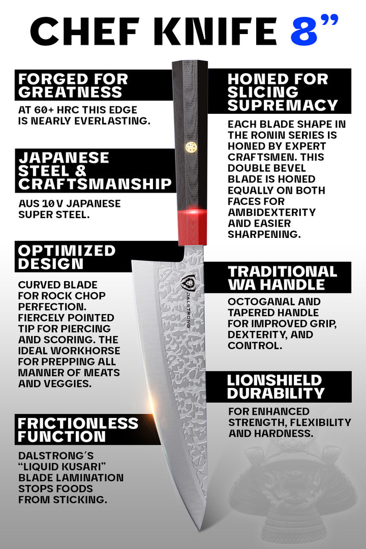 Chef Knife 8" | Double Bevel | Black Acacia Wood Sheath | Ronin Series | Dalstrong ©