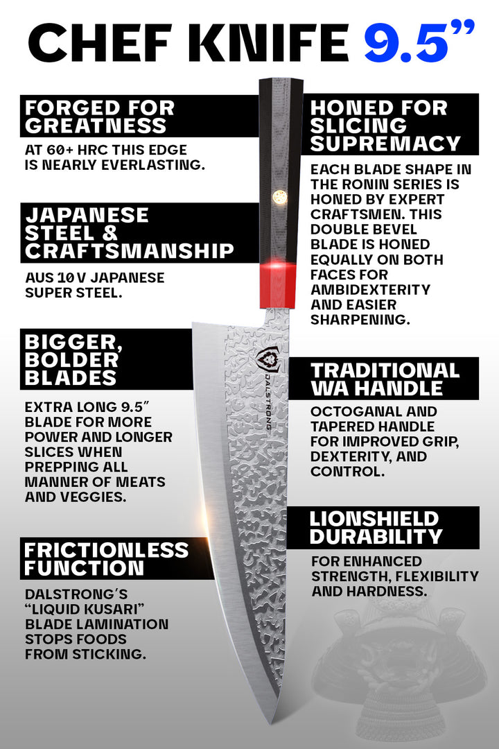 Chef Knife 9.5" | Double Bevel | Black Acacia Wood Sheath | Ronin Series | Dalstrong ©