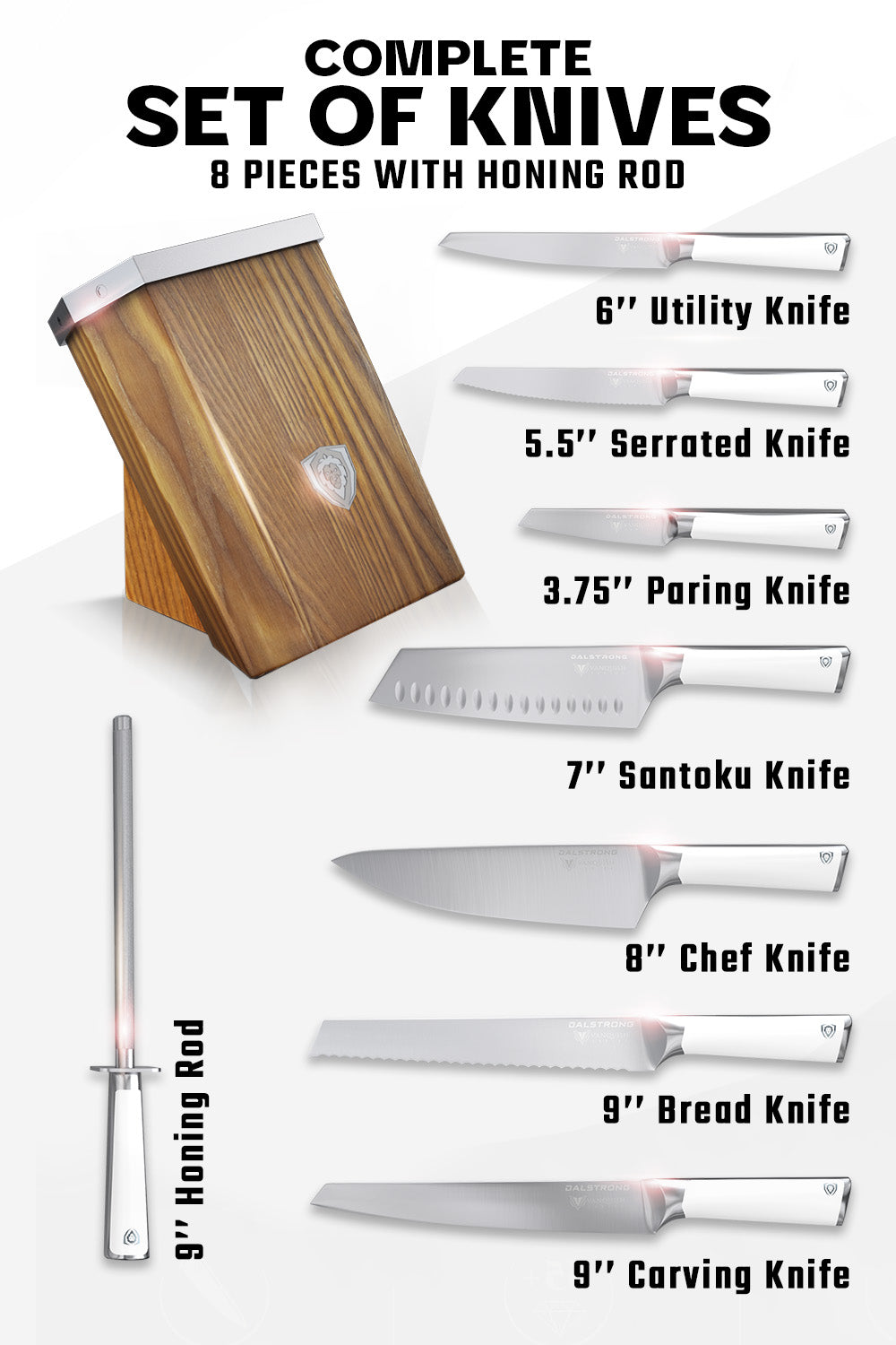 8-Piece Knife Block Set | White Handle | Vanquish Series | NSF Certified | Dalstrong ©