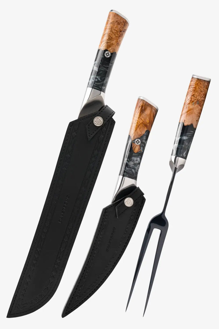 3 Piece Set | Slicing Knife, Fillet Knife & Meat Fork | Valhalla Series | Ravenstone Edition | Dalstrong ©