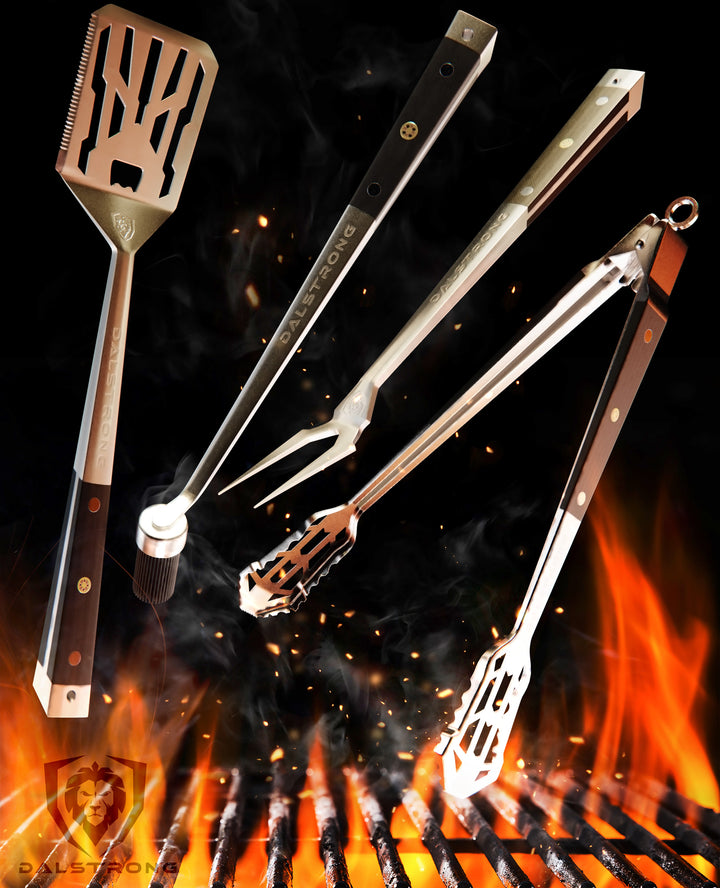 Tongs, Spatula, Fork, Silicone Brush | 4 Piece Premium Grill Kit | Dalstrong ©
