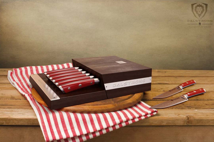 8-Piece Steak Knife Set | Red ABS Handles with Storage Block | Gladiator Series | Knives NSF Certified | Dalstrong ©