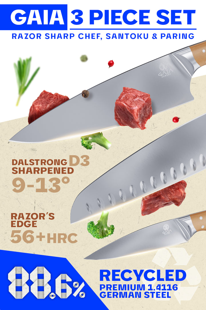 3-Piece Knife Set | Chef - Santoku - Paring | Sustainable and Earth-friendly Material | Gaia Series | Dalstrong ©