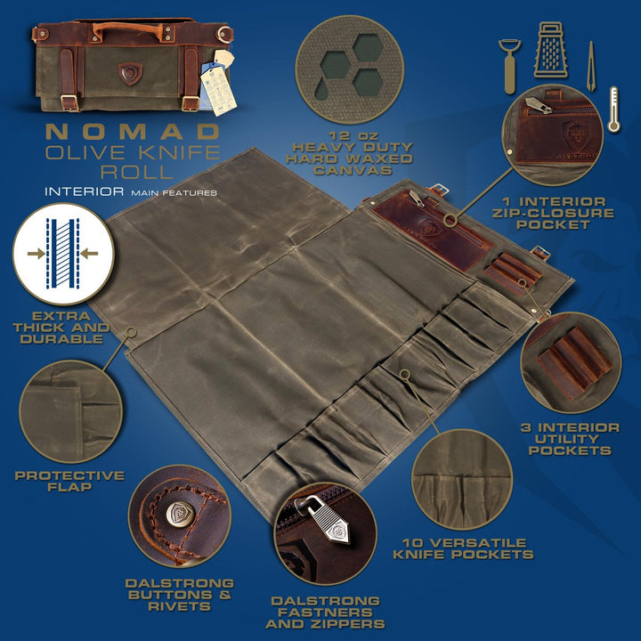 12oz Heavy Duty Canvas & Leather | Army Green | Nomad Knife Roll | Dalstrong ©