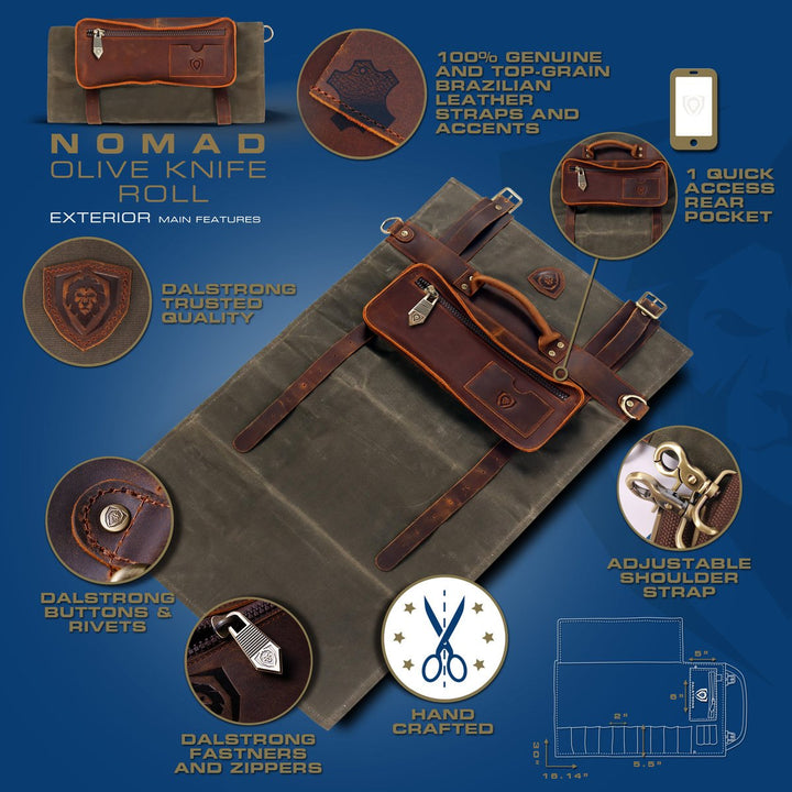12oz Heavy Duty Canvas & Leather | Army Green | Nomad Knife Roll | Dalstrong ©