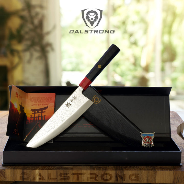 Chef Knife 9.5" | Double Bevel | Black Acacia Wood Sheath | Ronin Series | Dalstrong ©