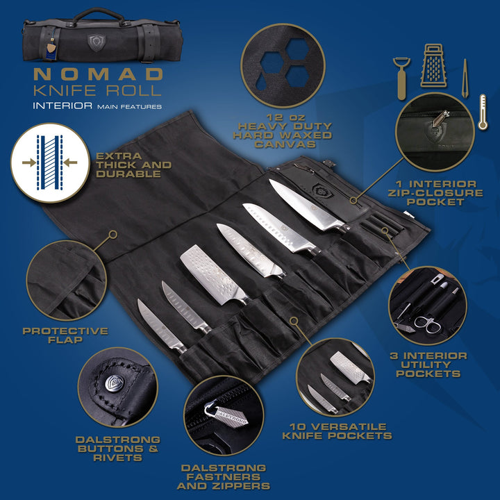 12oz Heavy Duty Canvas & Leather | Nightmaster (Black) | Nomad Knife Roll | Dalstrong ©