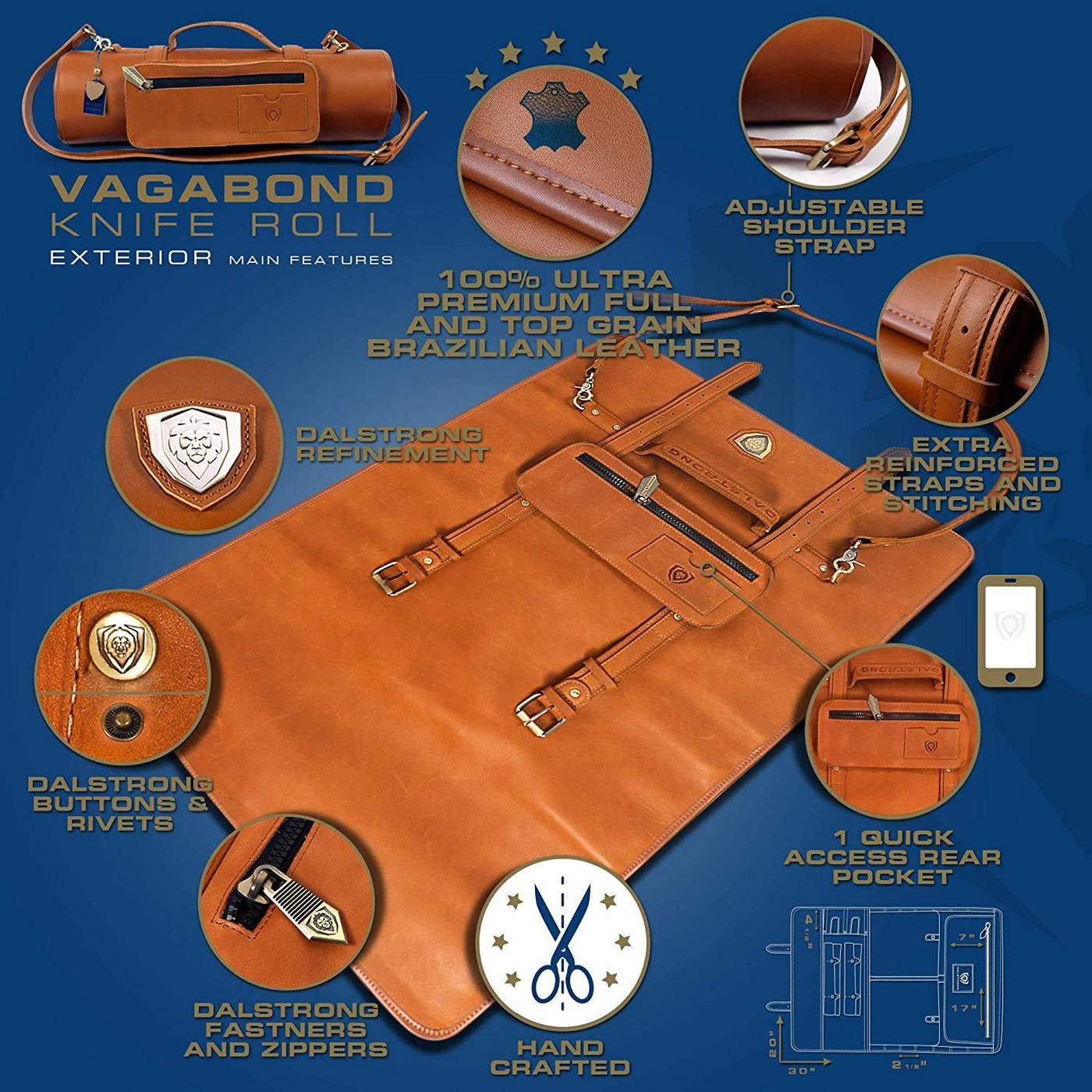 California Brown | Full Grain Leather | Vagabond Knife Roll | Dalstrong ©